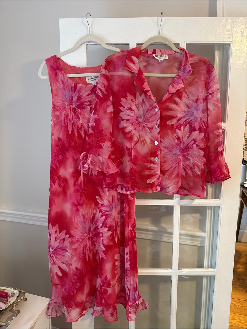 Vintage Studio I Pink Ruffled Floral Two-Piece Dress and Sheer Blouse Set